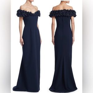 Catherine Regehr Off-The-Shoulder Floral-Applique-Neck Trumpet Gown Dress